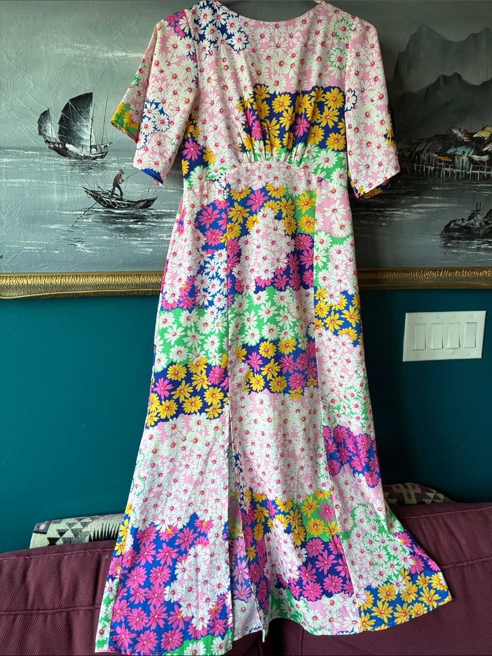 ASOS Colorful Floral Midi Dress | Patchwork Daisy Print | Fit & Flare | Size S